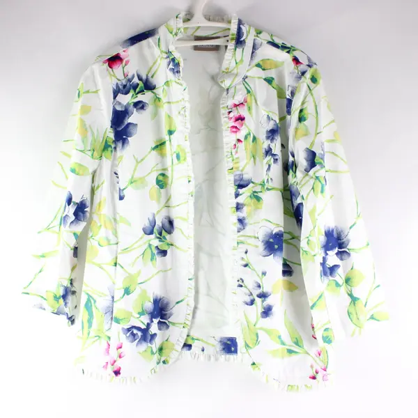 Chico's Open Front Jacket Womens 0/XS White w/ Blue Pink Floral Ruffle Hem