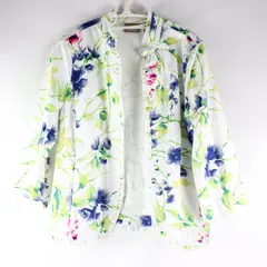 Chico's Open Front Jacket Womens 0/XS White w/ Blue Pink Floral Ruffle Hem