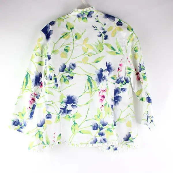 Chico's Open Front Jacket Womens 0/XS White w/ Blue Pink Floral Ruffle Hem