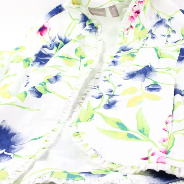 Chico's Open Front Jacket Womens 0/XS White w/ Blue Pink Floral Ruffle Hem