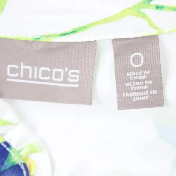 Chico's Open Front Jacket Womens 0/XS White w/ Blue Pink Floral Ruffle Hem