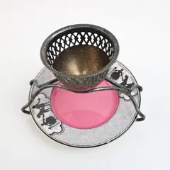 Marden England Silver-Plated Pierced Metal Egg Cup Ceramic Saucer Stand