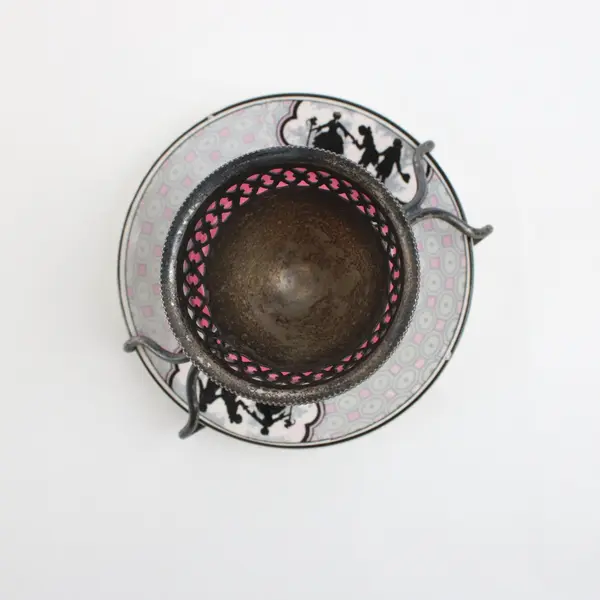 Marden England Silver-Plated Pierced Metal Egg Cup Ceramic Saucer Stand