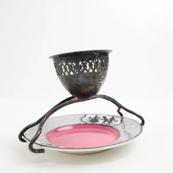 Marden England Silver-Plated Pierced Metal Egg Cup Ceramic Saucer Stand