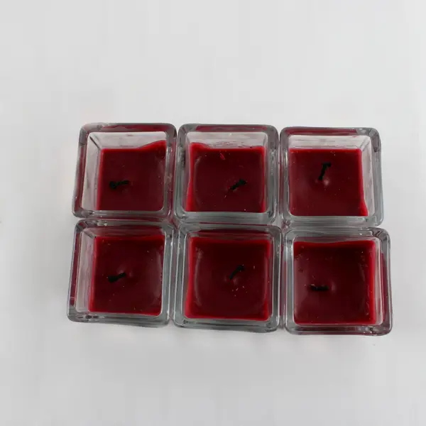 Set of 6 Square Glass Votive Candle Holders Red Candles