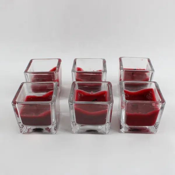 Set of 6 Square Glass Votive Candle Holders Red Candles