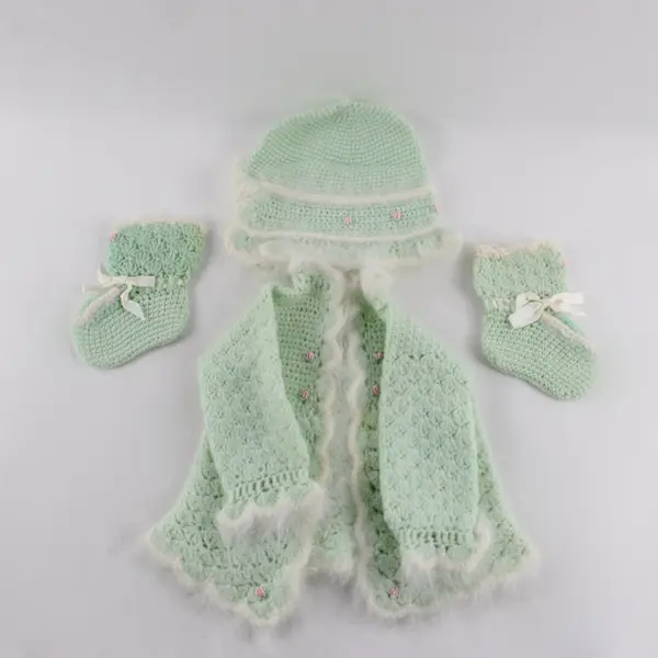 Handcrafted Mint White Crochet Baby Set Jacket Hat Booties Fuzzy Trim