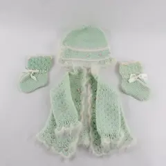 Handcrafted Mint White Crochet Baby Set Jacket Hat Booties Fuzzy Trim