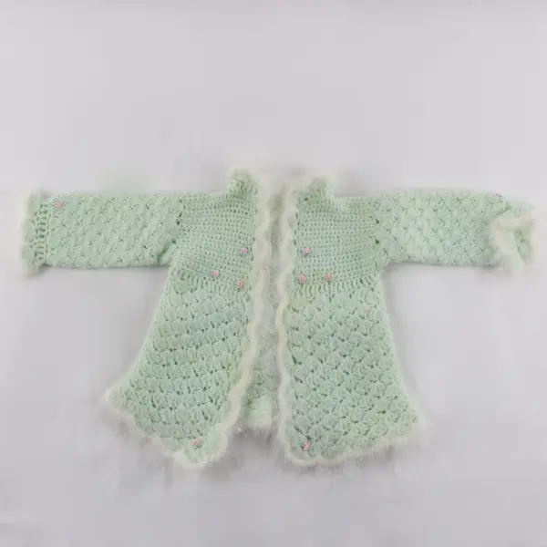 Handcrafted Mint White Crochet Baby Set Jacket Hat Booties Fuzzy Trim