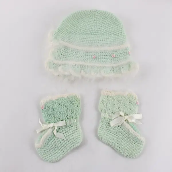 Handcrafted Mint White Crochet Baby Set Jacket Hat Booties Fuzzy Trim