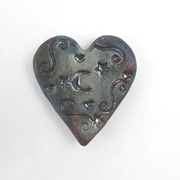 RAKU Pottery Blessed Heart Hand Formed Iridescent 3.25in