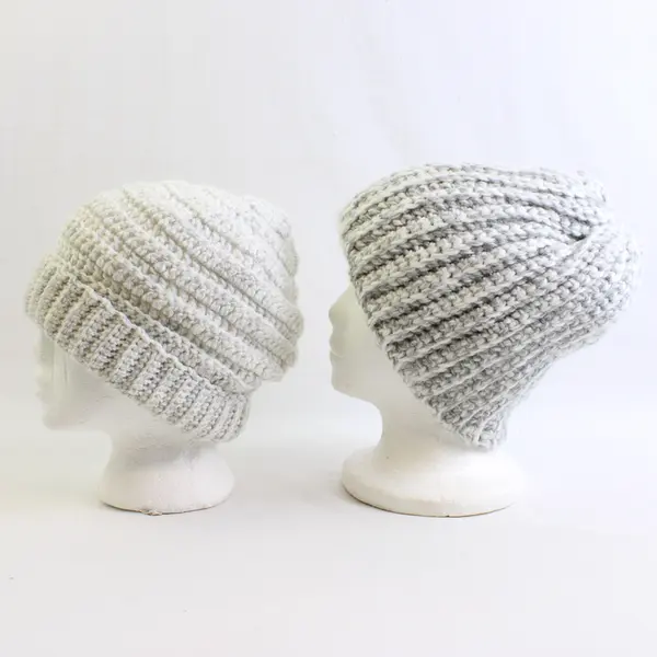 Lot of 2 Handmade Adult White Gray Crochet Beanies Warm Winter Hats