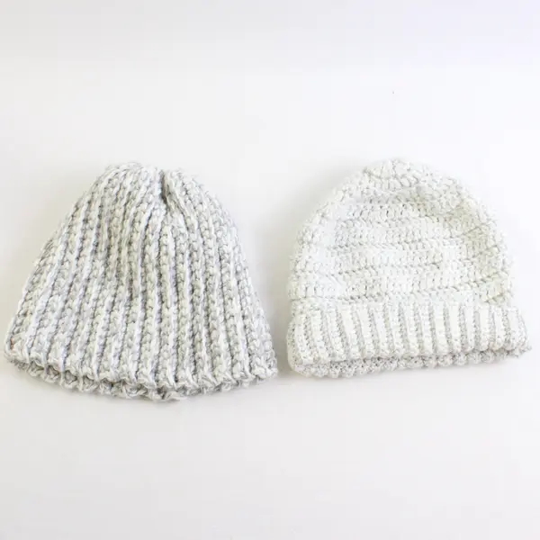 Lot of 2 Handmade Adult White Gray Crochet Beanies Warm Winter Hats