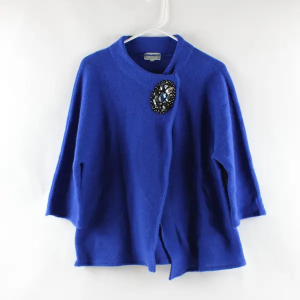JM Collection Blue Asymmetrical Open Cardigan Sweater Statement Jewel Flower PL