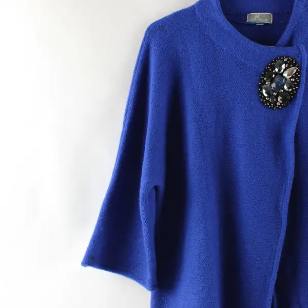 JM Collection Blue Asymmetrical Open Cardigan Sweater Statement Jewel Flower PL