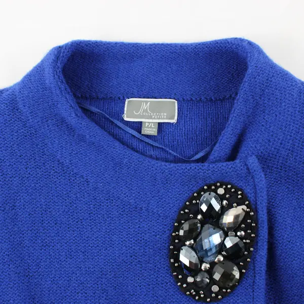 JM Collection Blue Asymmetrical Open Cardigan Sweater Statement Jewel Flower PL