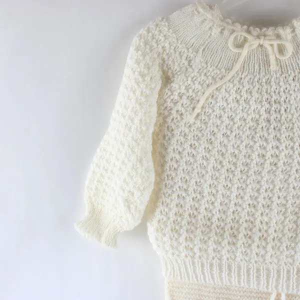 Handmade White Knitted Baby One-Piece Romper Sleeper Long Sleeve