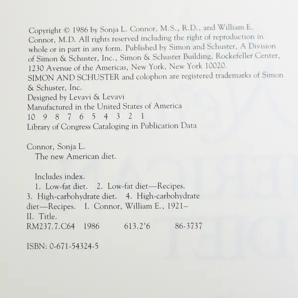 The New American Diet by Sonja L. & William E. Connor 1986 Good Condition