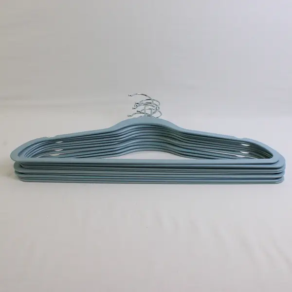 Lot of 10 Thin Blue Plastic Traditional Hangers w/ Notches Metal Hooks