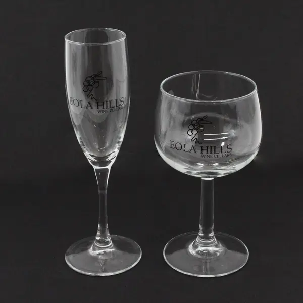 Lot of 2 Eola Hills Wine Cellars Clear Flute & Goblet Wine Glasses