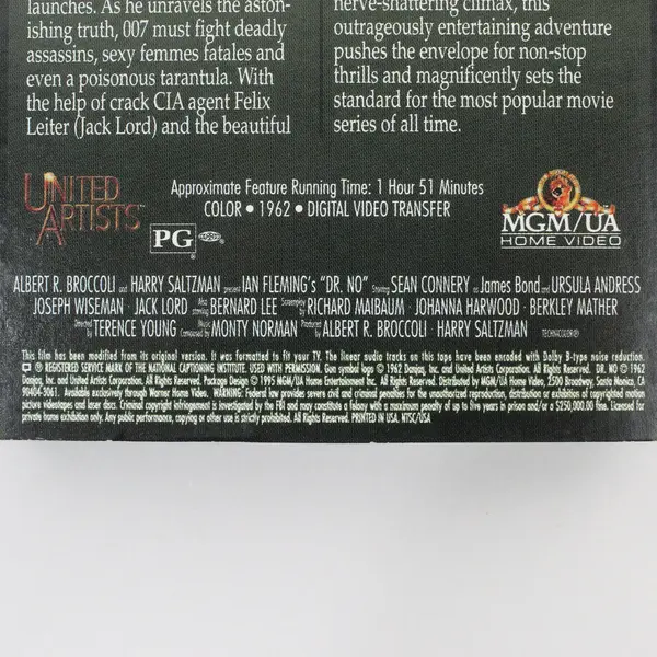 Dr. No James Bond VHS MGM/UA 1962 Film Release M205406