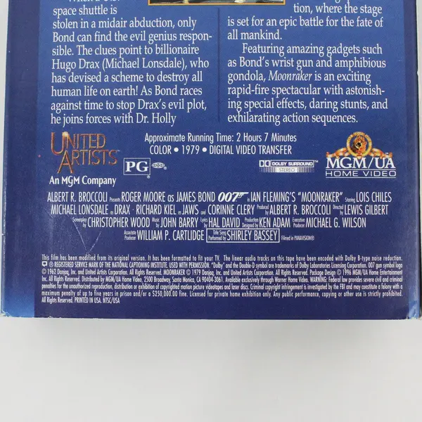 "Moonraker" James Bond VHS Tape, 1979 #M202736 