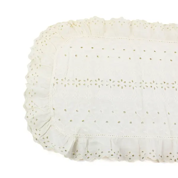 Vintage White Cotton Eyelet Lace Table Runner Ruffled Edge 72x14