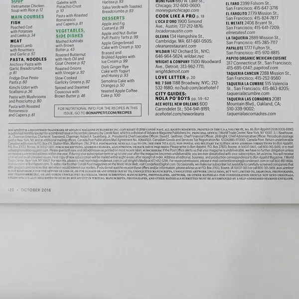 Bon Appetit Oct. 2016 Perfect Pasta Foolproof Techniques Vol. 61 Num. 10