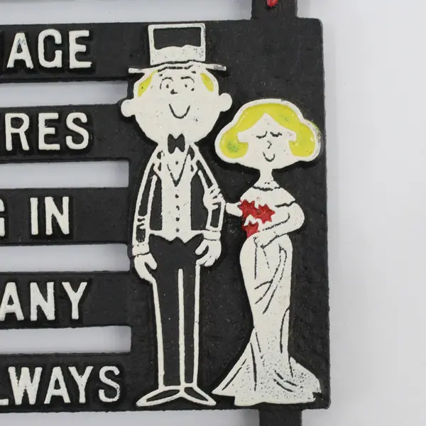 Vintage Cast Iron Trivet Successful Marriage Quote Bride & Groom Hot Plate