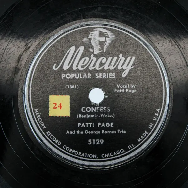 Patti Page & Geo. Barnes Trio Confess 12 O'Clock Flight 78 RPM 10" Mercury 5129
