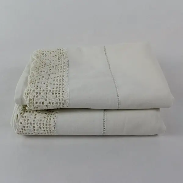 Set of 2 Vintage White Queen Pillowcases Crochet Trim Flawed