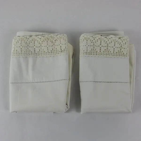 Set of 2 Vintage White Queen Pillowcases Crochet Trim Flawed