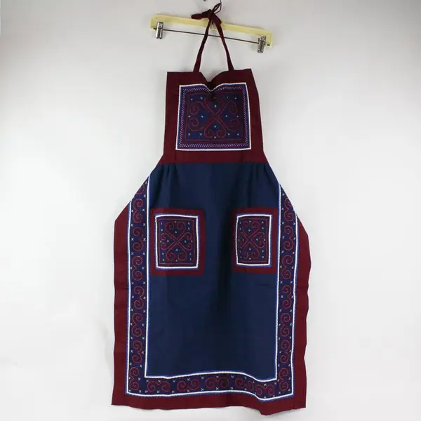 Vintage Handmade Embroidered Kitchen Apron Navy Burgundy One Size