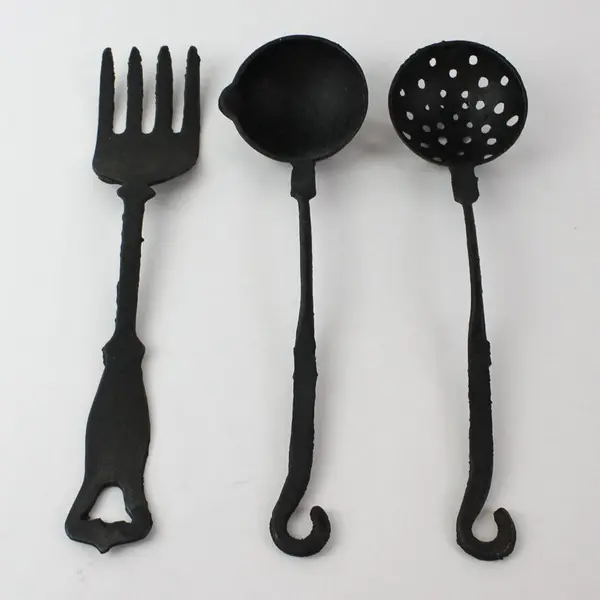 Set of 3 Vintage Cast Iron Utensils: Fork , Ladle & Strainer Rustic Black Taiwan