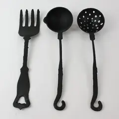 Set of 3 Vintage Cast Iron Utensils: Fork , Ladle & Strainer Rustic Black Taiwan
