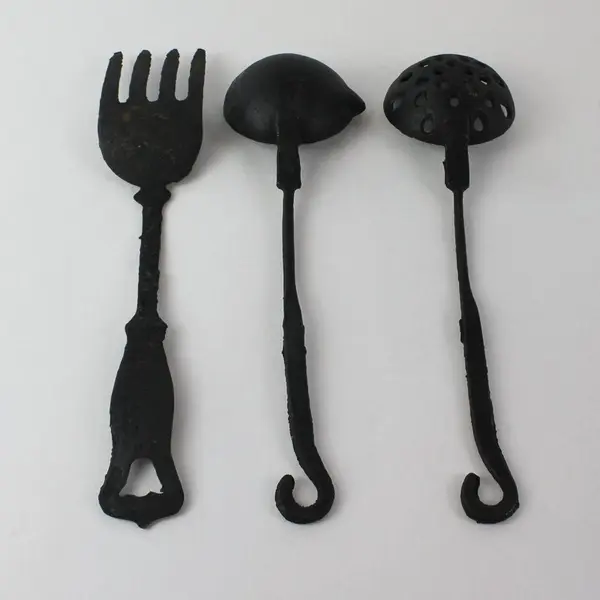 Set of 3 Vintage Cast Iron Utensils: Fork , Ladle & Strainer Rustic Black Taiwan