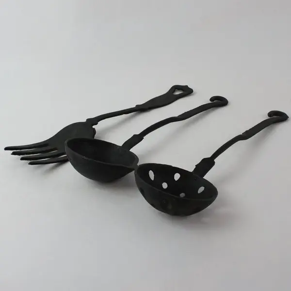 Set of 3 Vintage Cast Iron Utensils: Fork , Ladle & Strainer Rustic Black Taiwan
