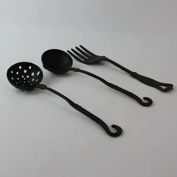 Set of 3 Vintage Cast Iron Utensils: Fork , Ladle & Strainer Rustic Black Taiwan