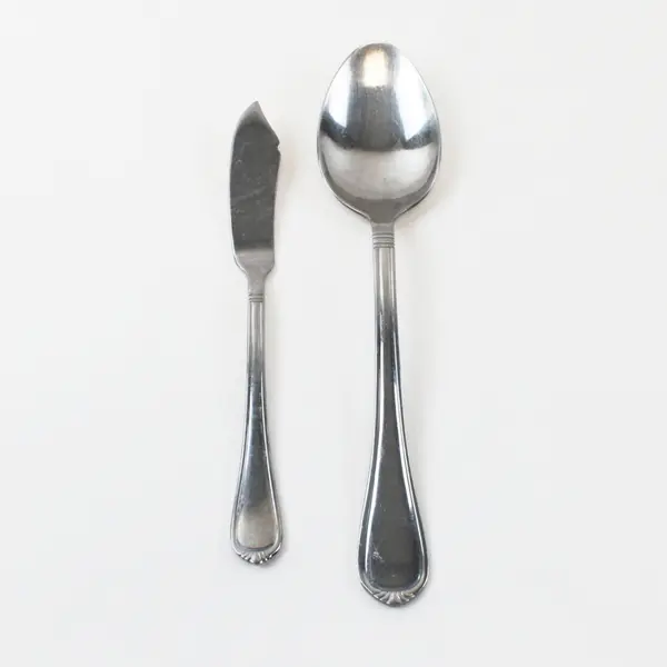 Lot of 2 International Stainless China Spoon 8" Butter Knife 7" Unknown Pattern