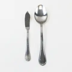Lot of 2 International Stainless China Spoon 8" Butter Knife 7" Unknown Pattern