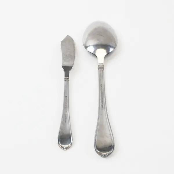 Lot of 2 International Stainless China Spoon 8" Butter Knife 7" Unknown Pattern