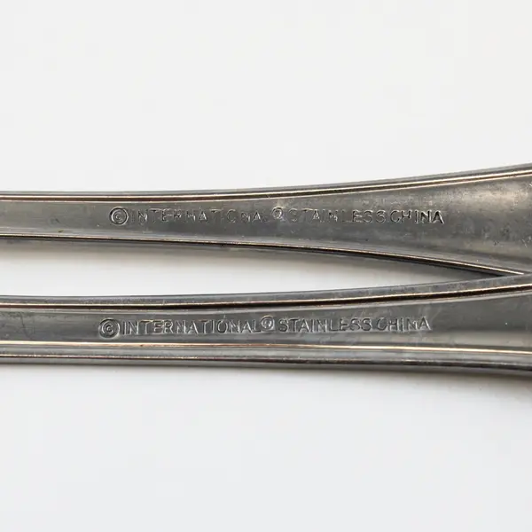Lot of 2 International Stainless China Spoon 8" Butter Knife 7" Unknown Pattern