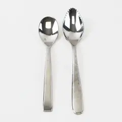 Lot of 2 Fortessa SS Serrated Spoon 6.5" and Teaspoon 6" Unknown Mixed Patterns