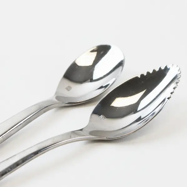 Lot of 2 Fortessa SS Serrated Spoon 6.5" and Teaspoon 6" Unknown Mixed Patterns
