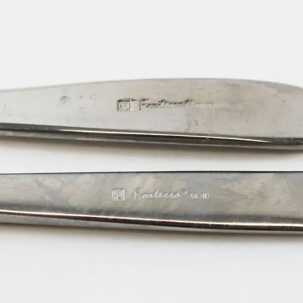 Lot of 2 Fortessa SS Serrated Spoon 6.5" and Teaspoon 6" Unknown Mixed Patterns