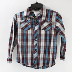 Toughskins Mix & Match Boy's Large 7 Plaid Button-Up Shirt Burgundy Gray