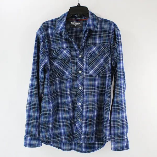 Simms Men's Medium Blue Plaid Snap Button Long Sleeve Shirt