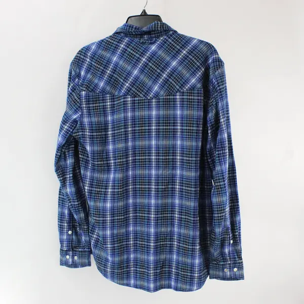 Simms Men's Medium Blue Plaid Snap Button Long Sleeve Shirt