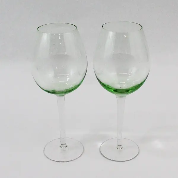 Pair Green Bottom Bowl Stemmed Balloon Wine Glasses Large Rounded Bowl 9.5"