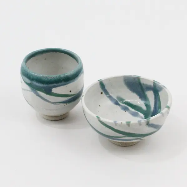 Whitefish Pottery Montana Blue Green Glazed Bowl & Cup Pair